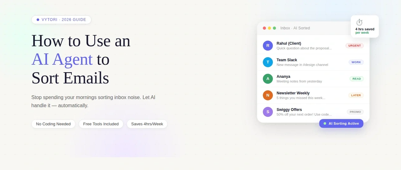 AI agent sorting emails automatically in Gmail inbox showing labeled priorities